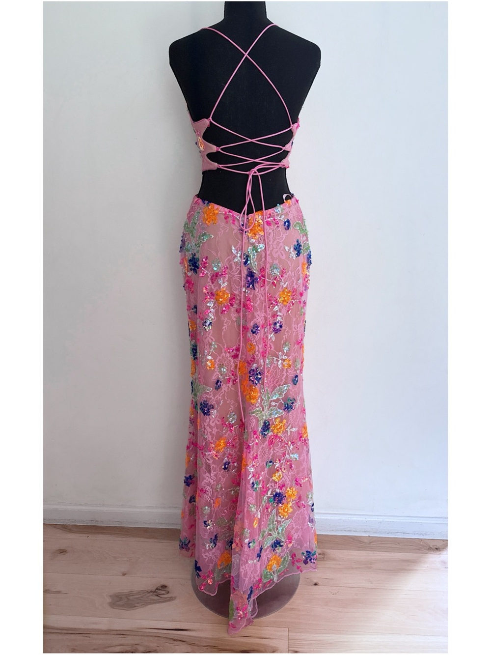 Mac Duggal Pink Floral Sequin Backless Lace-Up Evening Gown Maxi Beaded Dress 6 - Picture 7 of 12